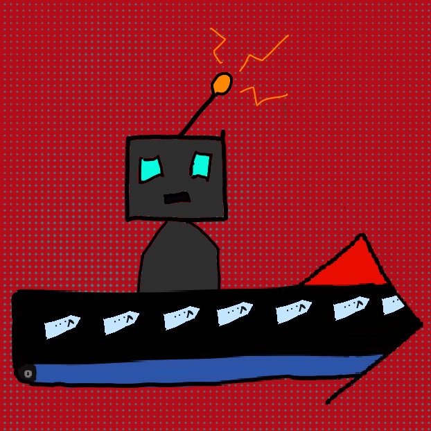 a confused robot receiving signal from its antenna stands in front of a conveyor belt making tags. The image rests against a blue/red halftone background.