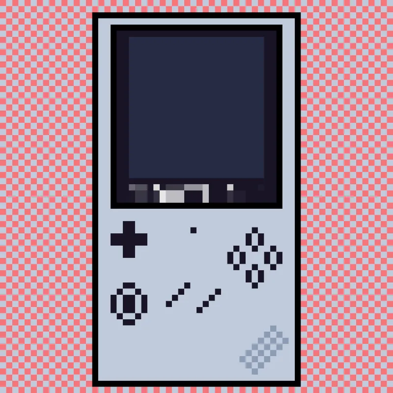 A pixel art drawing of a Anbernic RG351V on a pink & gray dithering background.