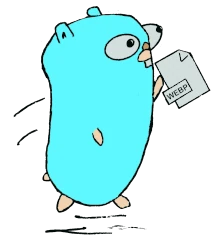 A Golang gopher running with a file that says webp in hand.