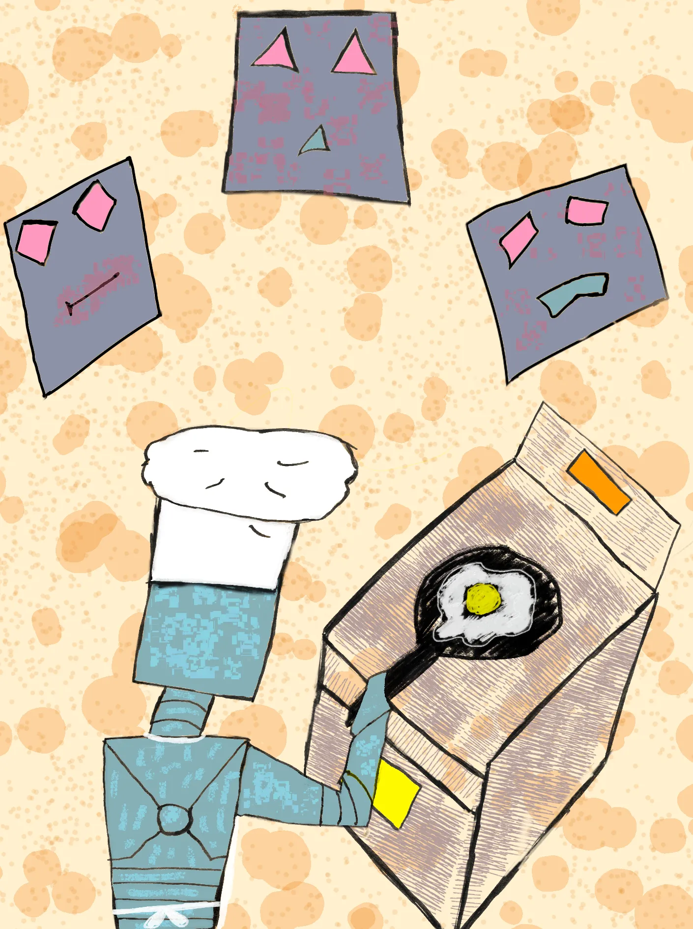 The image shows a robot with a chef's hat, cooking an egg in the pan. Above him float three square heads with ranging expressions.