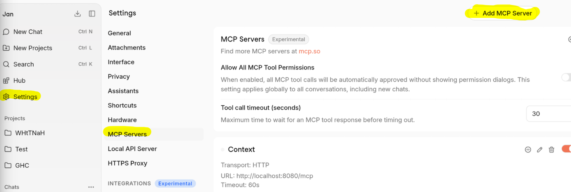 A screenshot of a software settings interface displaying the "MCP Servers" configuration page. The left sidebar highlights the "Settings" menu item, while the central column highlights the "MCP Servers" sub-menu. The main content area features a highlighted "+ Add MCP Server" button at the top right.